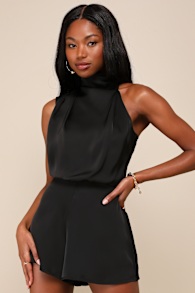 Advantageous Perfection Black Satin Asymmetrical Romper