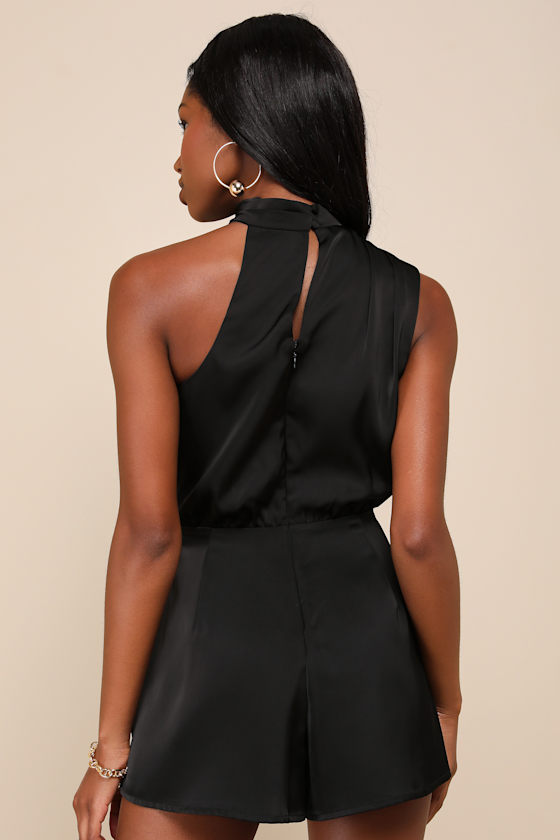 LULUS ADVANTAGEOUS PERFECTION BLACK SATIN ASYMMETRICAL ROMPER 
