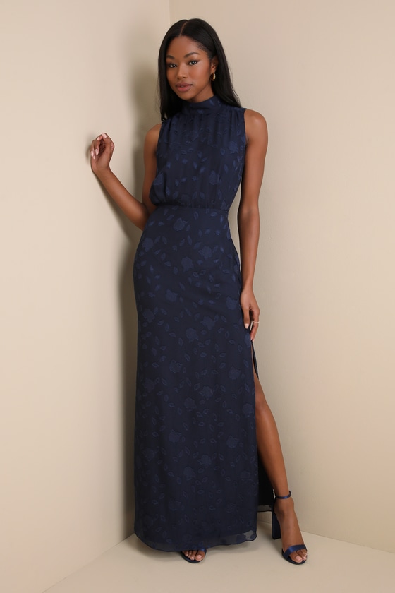 Navy Blue Burnout Dress Mock Neck Dress Keyhole Maxi Dress Lulus