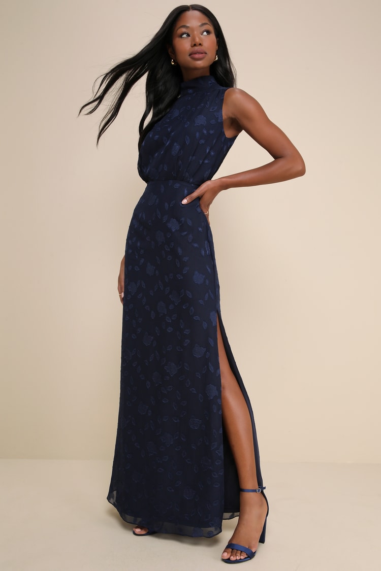 Classic Elegance Navy Blue Burnout Mock Neck Maxi Dress