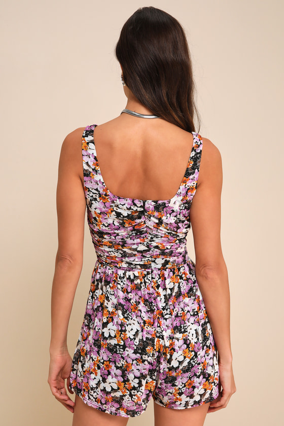 LULUS TRULY FLIRTY BLACK MULTI FLORAL MESH RUCHED ROMPER 