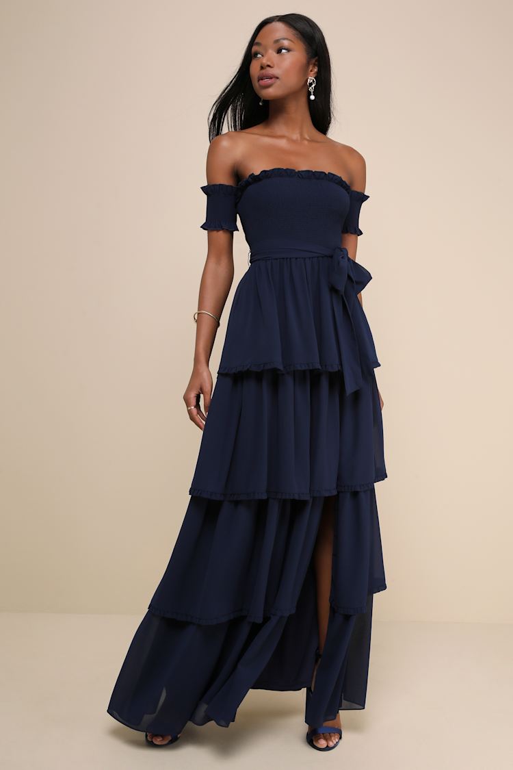 Stunning Poise Navy Off-the-Shoulder Smocked Tiered Maxi Dress