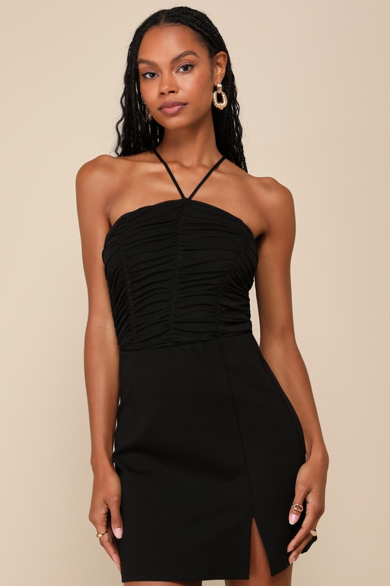 LULUS COY FAVORITE BLACK MESH RUCHED HALTER BODYSUIT 