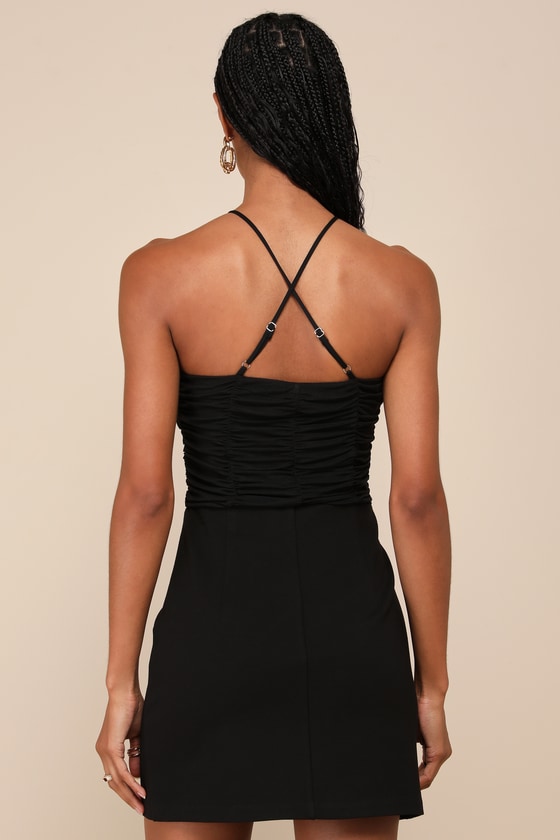 LULUS COY FAVORITE BLACK MESH RUCHED HALTER BODYSUIT 