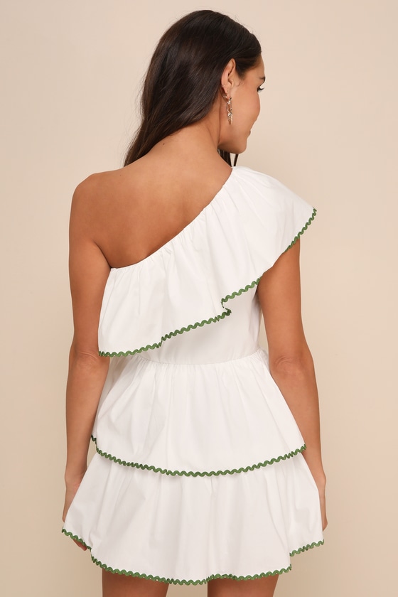 Thriving Sunshine White One-Shoulder Rickrack Skort Romper 3