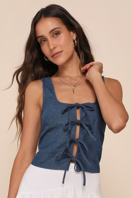 Darling Outfit Dark Wash Denim Bow-Front Sleeveless Crop Top 1