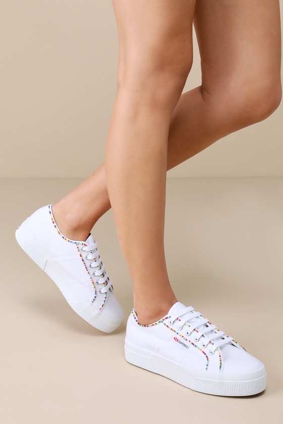 2740 White Multi Color Beaded Canvas Platform Sneakers 1