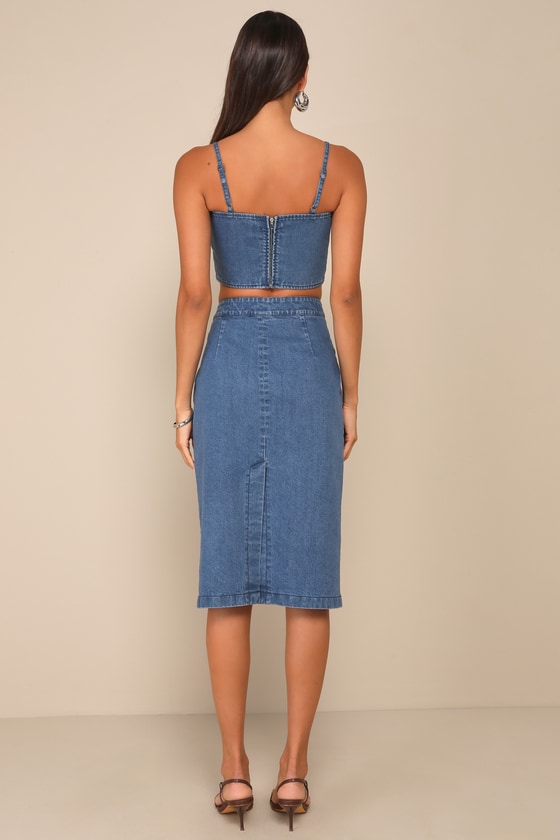 Lulus Poised Pairing Medium Wash Denim Two-piece Midi Dress In Blue