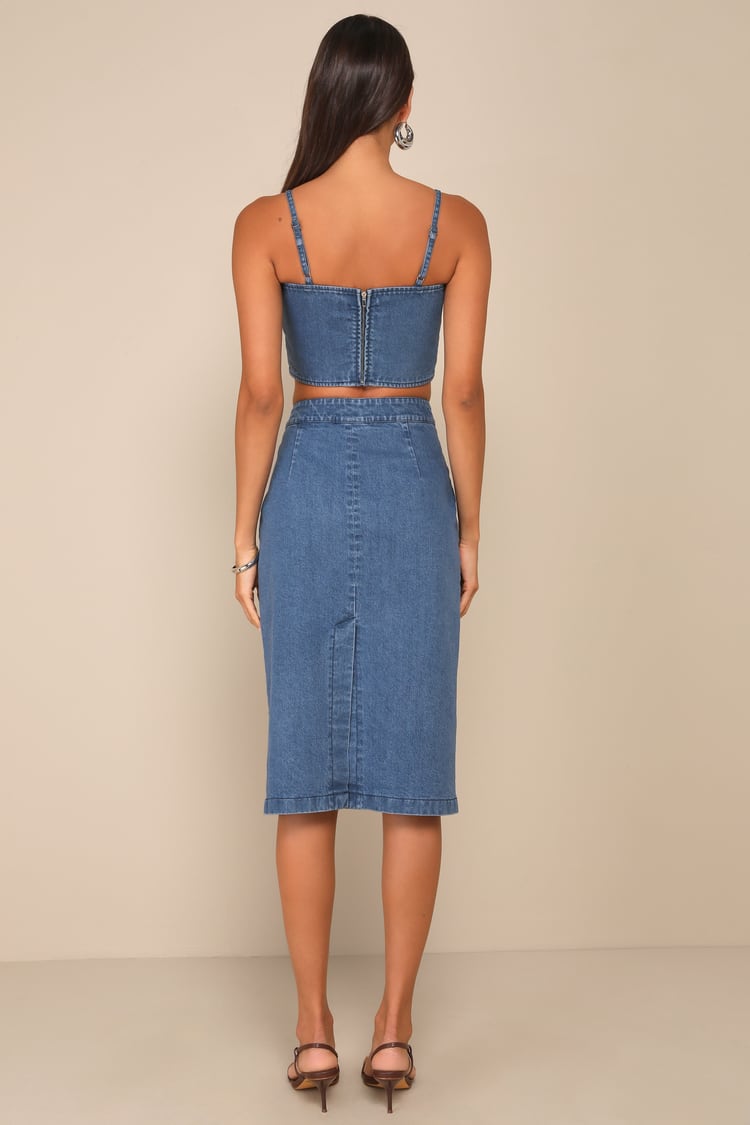 Poised Pairing Medium Wash Denim Two-Piece Midi Dress