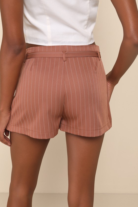 LULUS BOUND TO CHARM BROWN PINSTRIPED PLEATED HIGH-RISE SKORT