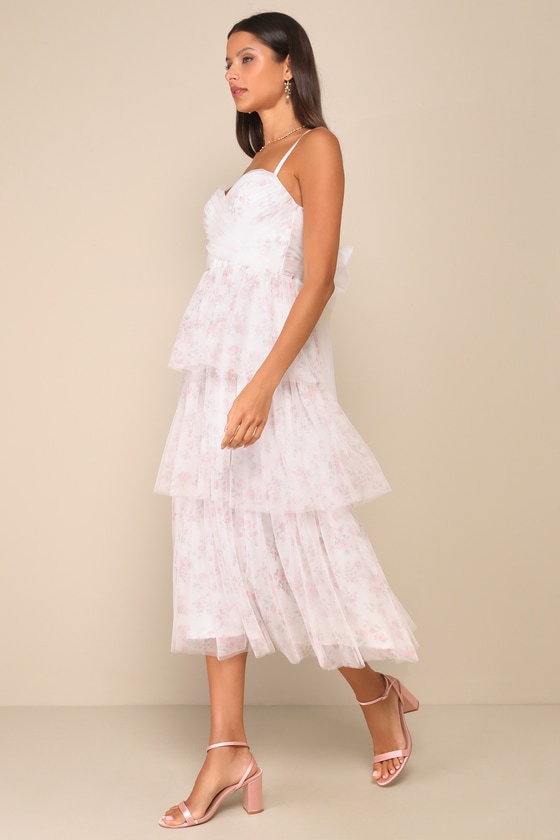 Lulus Romantic Babe White Floral Mesh Sleeveless Midi Dress In White