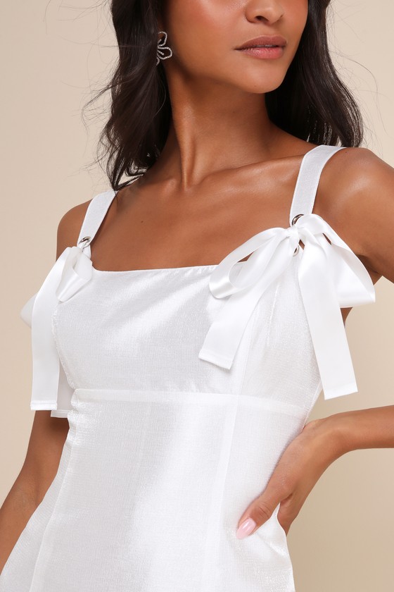 Lulus Exceptionally Precious Shiny White Ribbon Bow Mini Dress In White