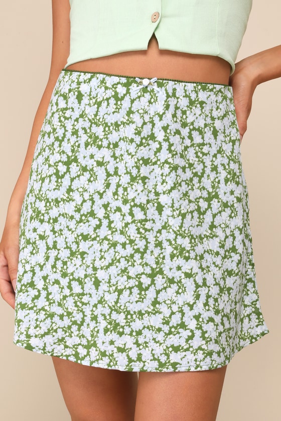 Lulus Sweet Tendencies Green Floral Rosette Bow Mini Skirt In Green