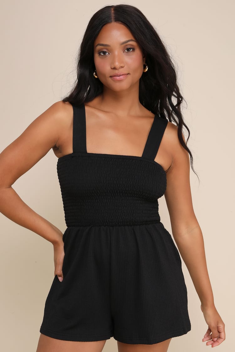 Social Calendar Black Ribbed Knit Smocked Romper