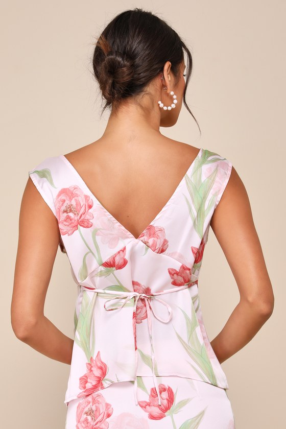 Blush Pink Tank Top - Floral Satin Tank Top - V-Neck Tank