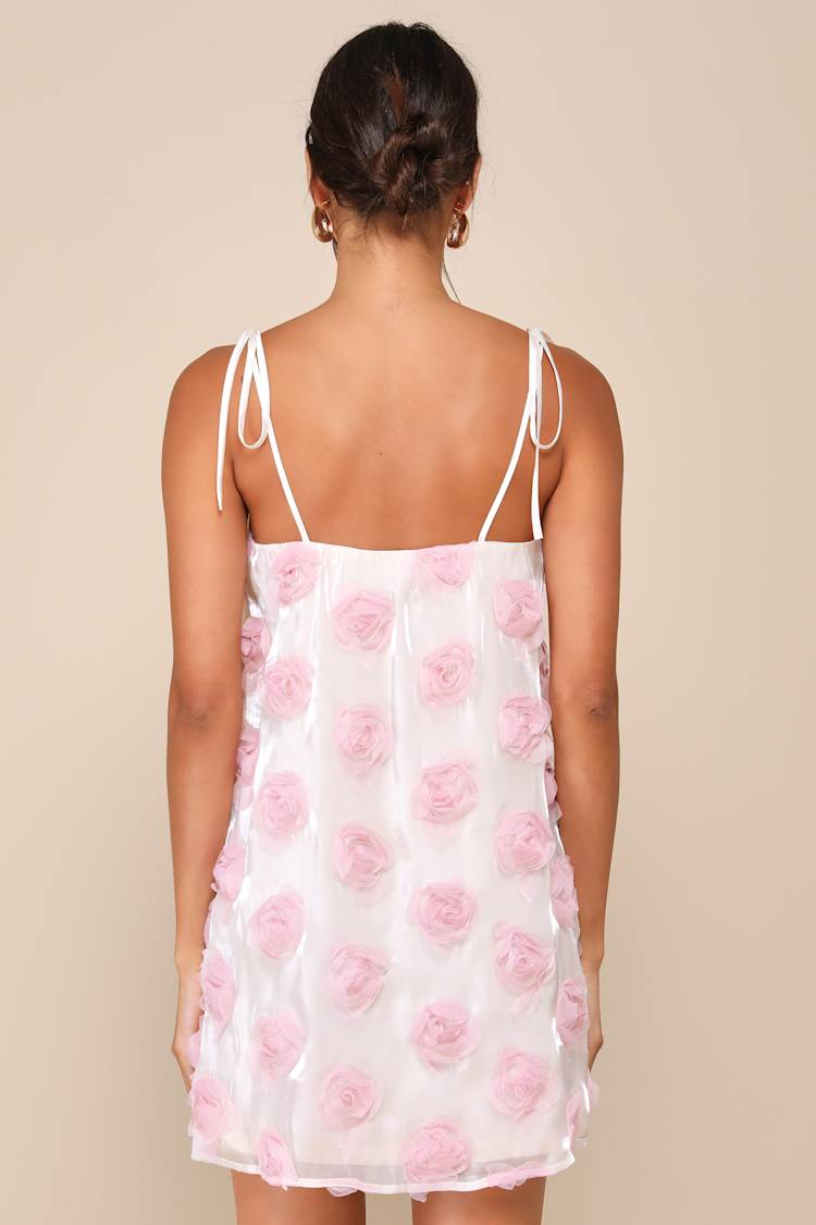Luminous Glow Shiny Ivory Rosette Tie-Strap Mini Dress