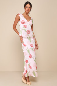 Exceptional Darling Blush Pink Floral Satin High-Rise Midi Skirt