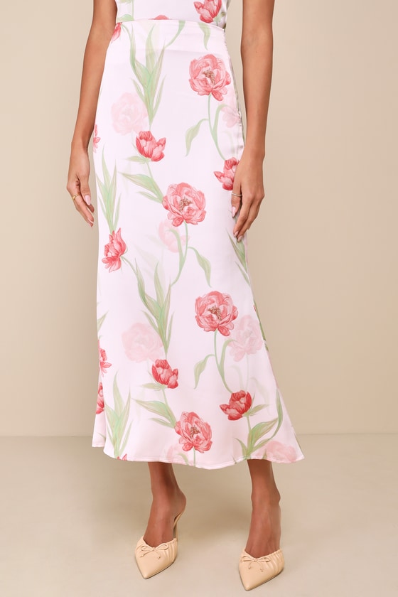 Lulus Exceptional Darling Blush Pink Floral Satin High-rise Midi Skirt In Blush Pink
