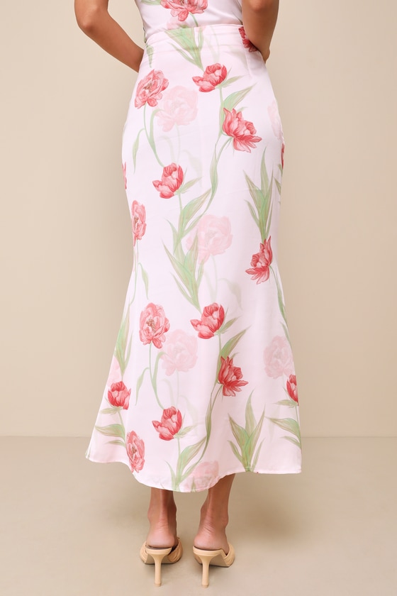 Lulus Exceptional Darling Blush Pink Floral Satin High-rise Midi Skirt In Blush Pink