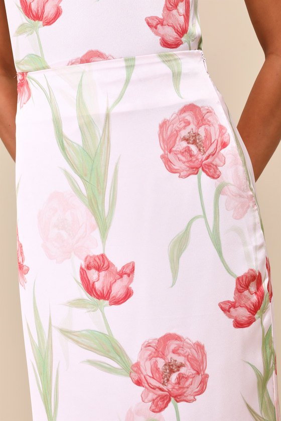 Lulus Exceptional Darling Blush Pink Floral Satin High-rise Midi Skirt In Blush Pink