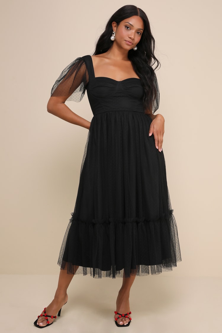Dreamy Celebration Black Tulle Bustier Swiss Dot Midi Dress