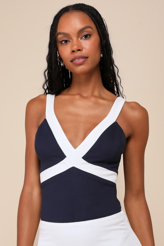 LULUS CASUAL EXCELLENCE NAVY COLOR BLOCK V-NECK SLEEVELESS BODYSUIT 