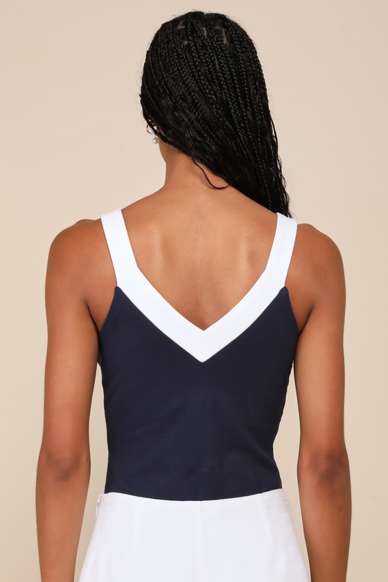 LULUS CASUAL EXCELLENCE NAVY COLOR BLOCK V-NECK SLEEVELESS BODYSUIT 