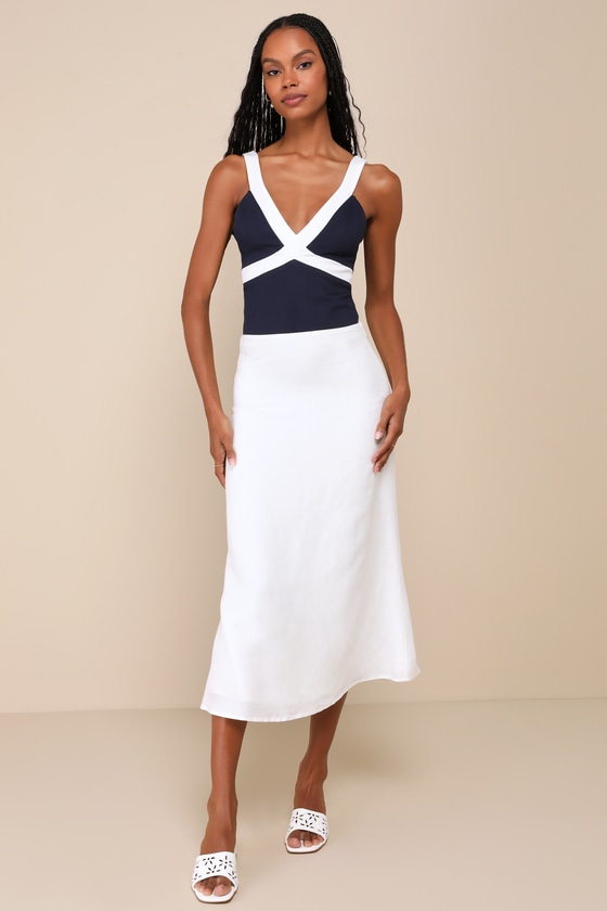 LULUS CASUAL EXCELLENCE NAVY COLOR BLOCK V-NECK SLEEVELESS BODYSUIT 