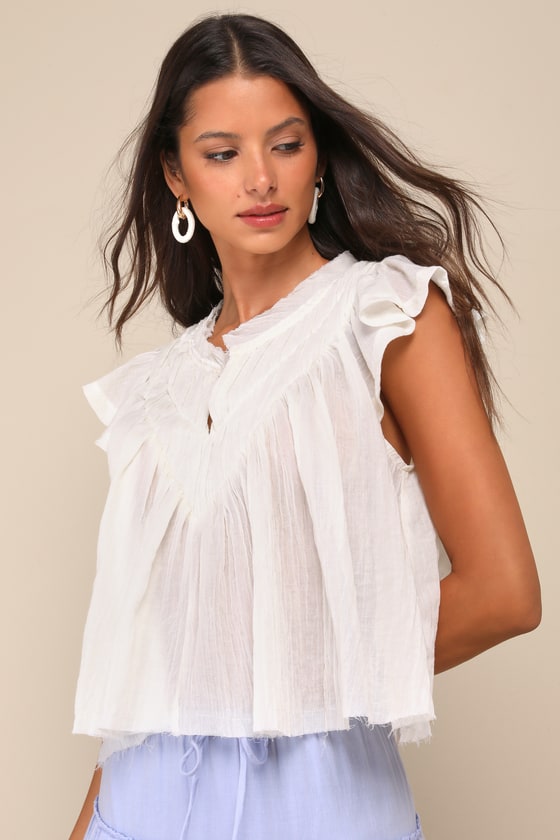 Ivory Cotton Raw Hem Top - Ruffled Flutter Sleeve Top