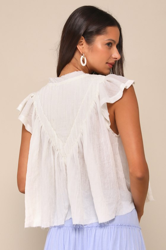 Lulus Compelling Babe Ivory Cotton Raw Hem Ruffled Flutter Sleeve Top In Ivory