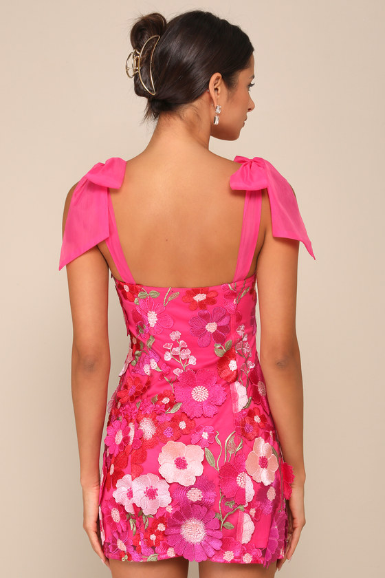 Lulus Emphatically Adorable Hot Pink Floral Tie-strap Mini Dress In Hot Pink