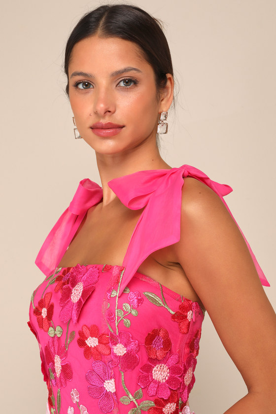 Lulus Emphatically Adorable Hot Pink Floral Tie-strap Mini Dress In Hot Pink