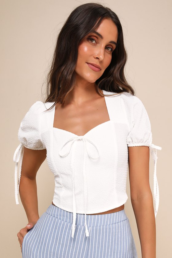 LULUS DARLING INTENTION WHITE TEXTURED BOW PUFF SLEEVE TOP 