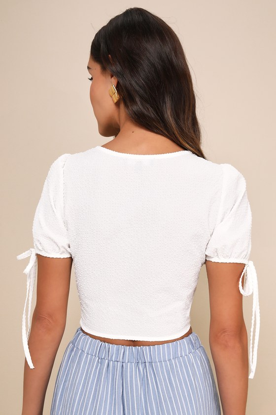 LULUS DARLING INTENTION WHITE TEXTURED BOW PUFF SLEEVE TOP 