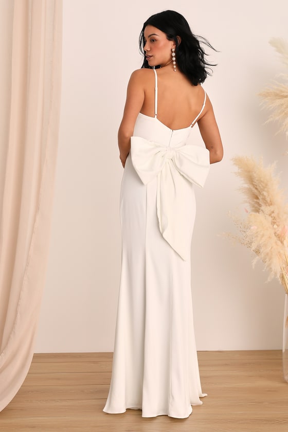 White Satin Bridal Gown - A-Line Maxi Dress - Bow Maxi Dress