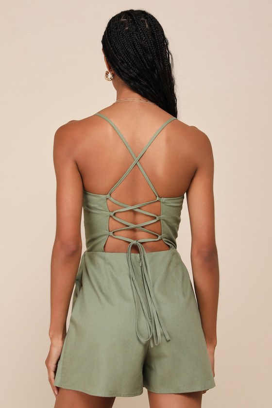 Lulus Sweet Existence Olive Green Linen Lace-up Skort Romper In Olive Green