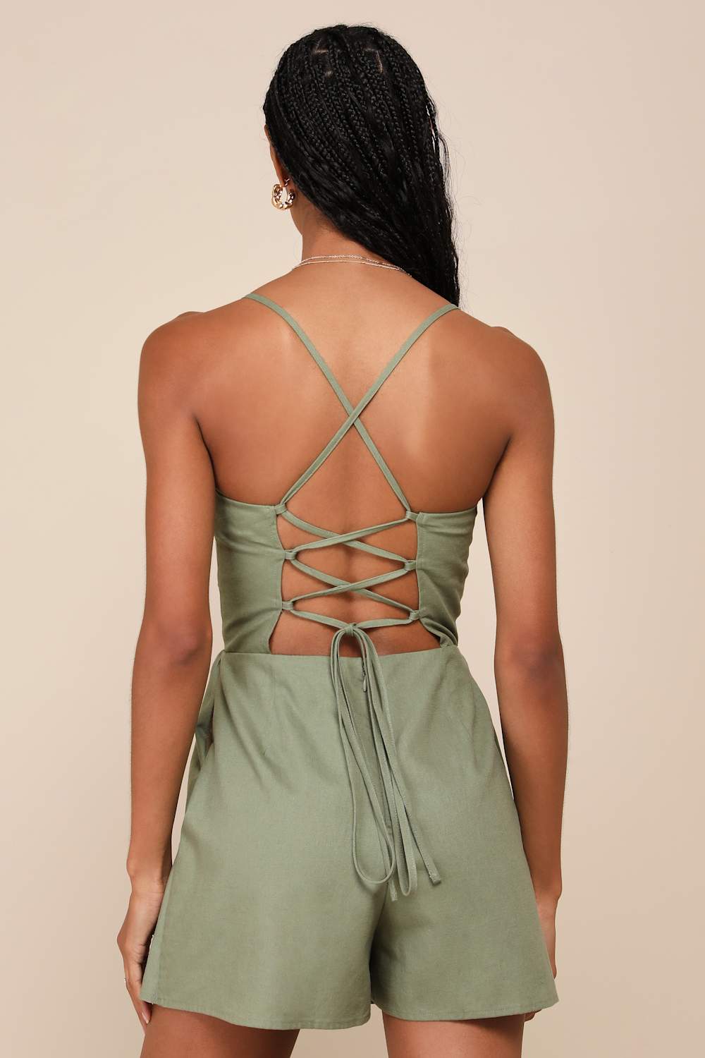 Sweet Existence Olive Green Linen Lace-Up Skort Romper