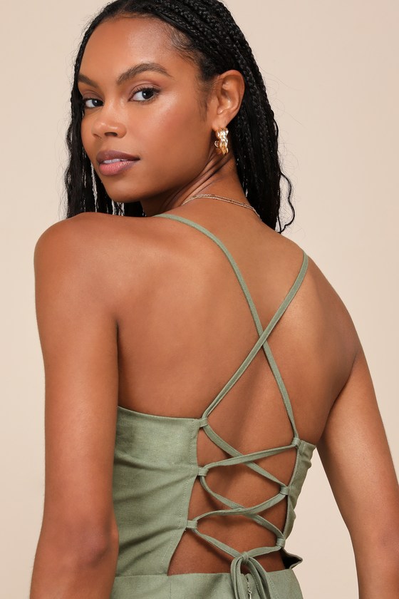 Lulus Sweet Existence Olive Green Linen Lace-up Skort Romper In Olive Green