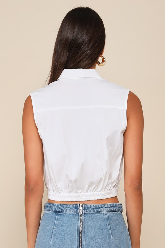 LULUS ENVIABLE LOOK WHITE COLLARED SLEEVELESS CROPPED BUTTON-FRONT TOP