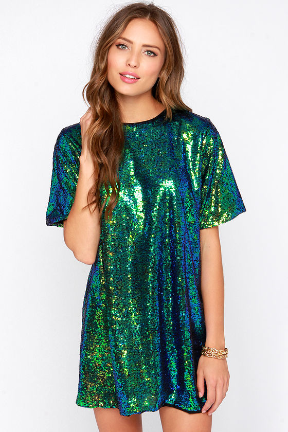 Pretty Green Dress - Sequin Dress - Iridescent Sequin Dress - Shift ...