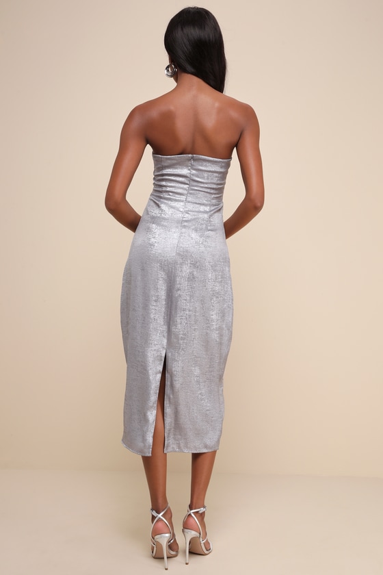 Lulus Ideal Essence Shiny Silver Metallic Strapless Midi Dress In Silver