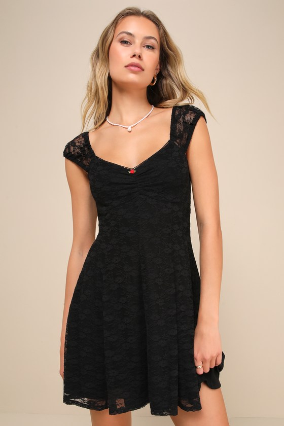 Black A-Line Mini Dress - Floral Lace Dress - Cap Sleeve Dress - Lulus