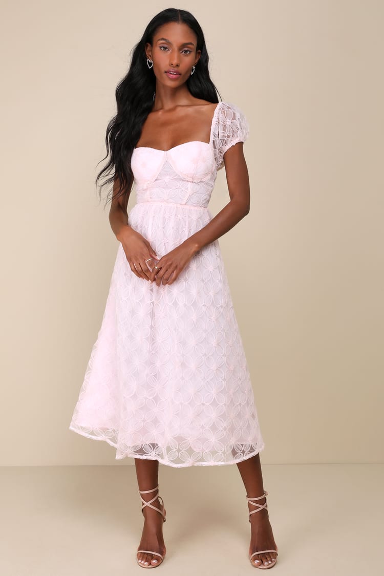 Exceedingly Elegant Pink Floral Applique Bustier Midi Dress