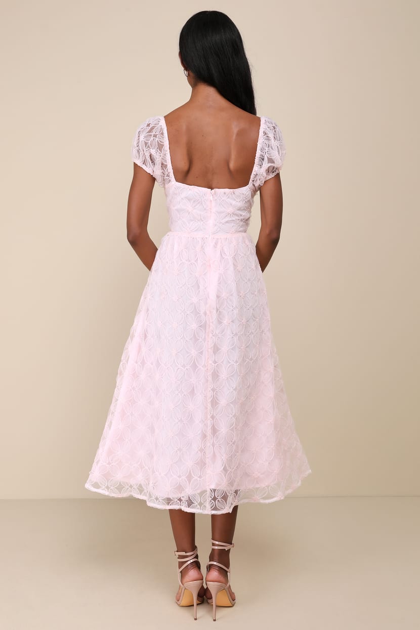 Exceedingly Elegant Pink Floral Applique Bustier Midi Dress