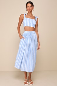 Cheerful Season Blue Striped Two-Piece Midi Dress With Pockets