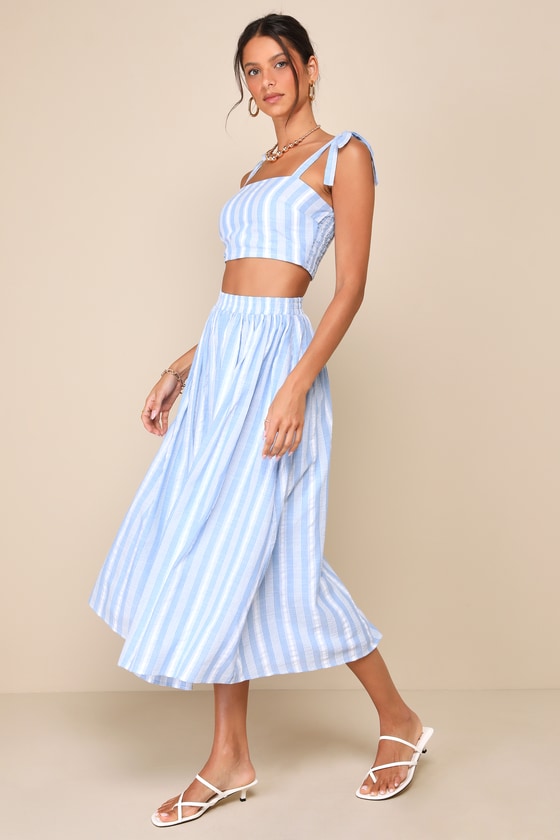Lulus Cheerful Season Blue Striped Two-piece Midi Dress With Pockets In Blue