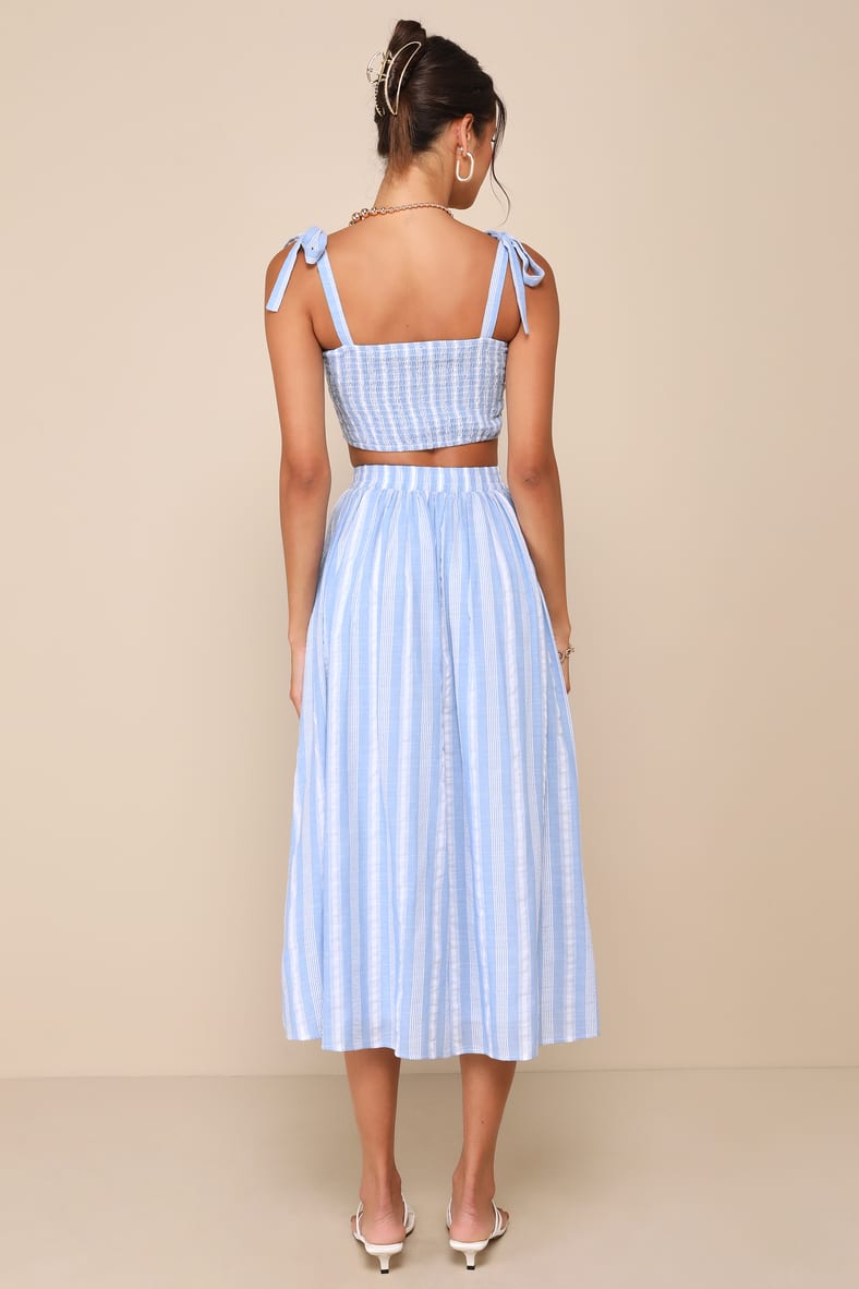Cheerful Season Blue Striped Two-Piece Midi Dress With Pockets