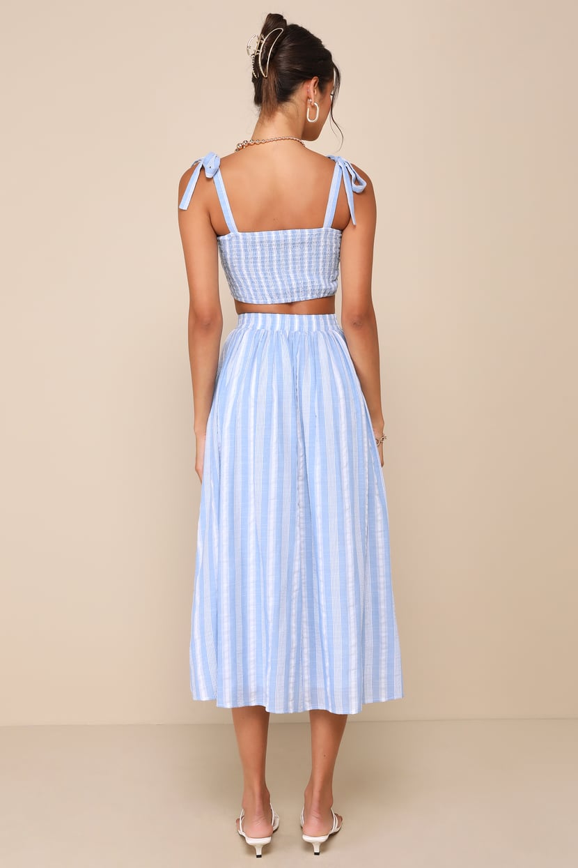 Cheerful Season Blue Striped Two-Piece Midi Dress With Pockets