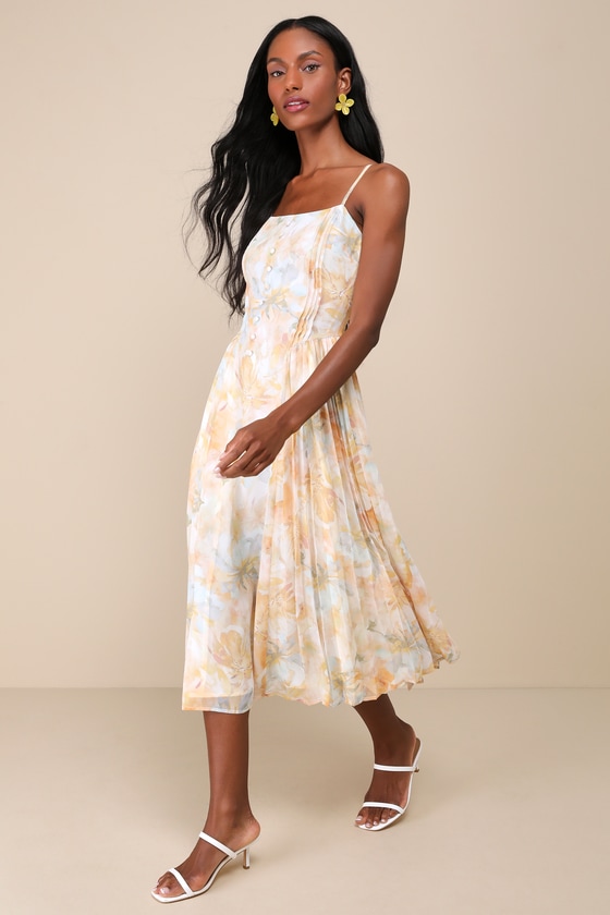 Exceedingly Admirable Yellow Floral Pleated Midi Dress 1