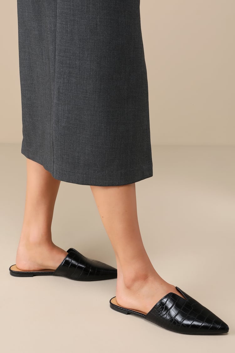 Jaelyn Black Crocodile Embossed Pointed-Toe Slides